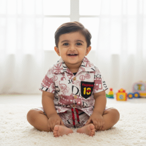 Stylish Baby Boy Printed Shirt & Shorts Set with Pocket Patch | Available in Green, Blue & Red
