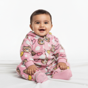 Baby Fleece Hooded Jumpsuit – Teddy & Heart Print - Pink, Blue & Pink