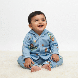 Baby Boy & Girl Blue Hooded Cotton Night Suit | Soft Sleepwear for 6–12 Months
