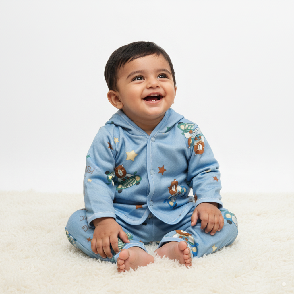 Baby Boy & Girl Blue Hooded Cotton Night Suit | Soft Sleepwear for 6–12 Months