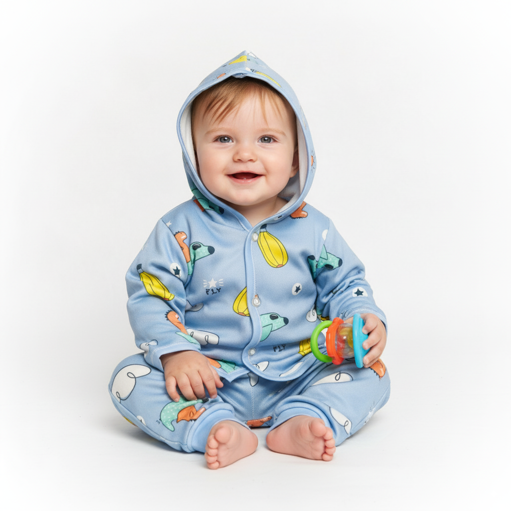 Unisex Baby Blue Hooded Night Suit | Cartoon Print Cotton Pajama Set for 6–12 Months
