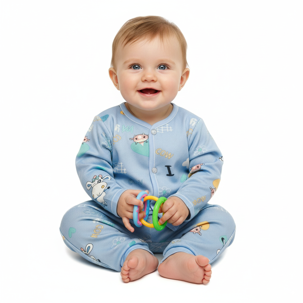 Baby Blue Cotton Night Suit | Cow Print Pajama Set for 6–12 Months Boys & Girls