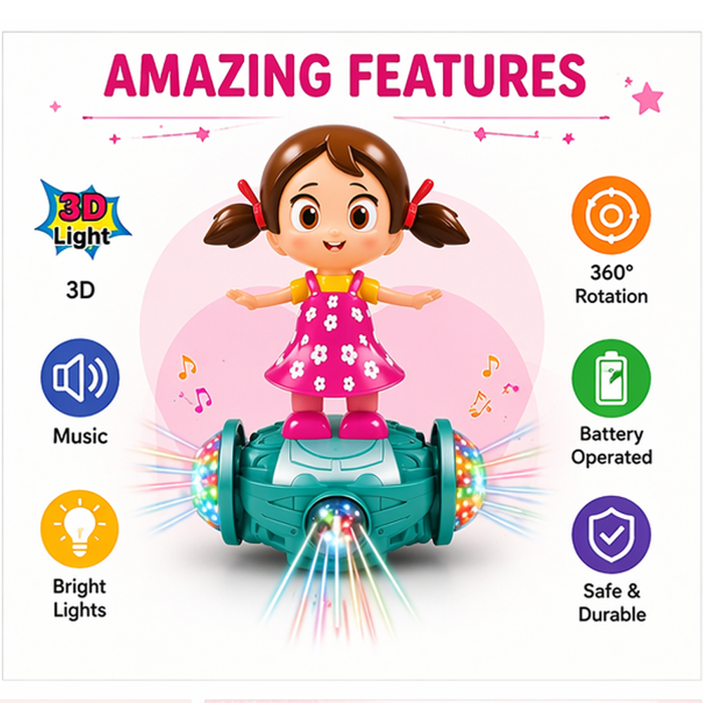 Dancing Girl Toy with 3D Lights & Music | Self Balancing Rotating Toy for Kids | Musical LED Toy for Boys & Girls (360° Moving) - Image 2