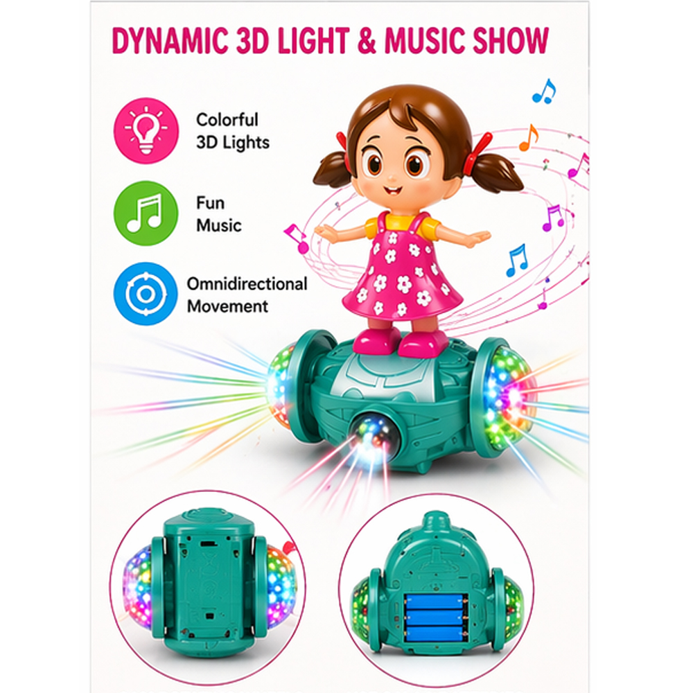 Dancing Girl Toy with 3D Lights & Music | Self Balancing Rotating Toy for Kids | Musical LED Toy for Boys & Girls (360° Moving) - Image 3