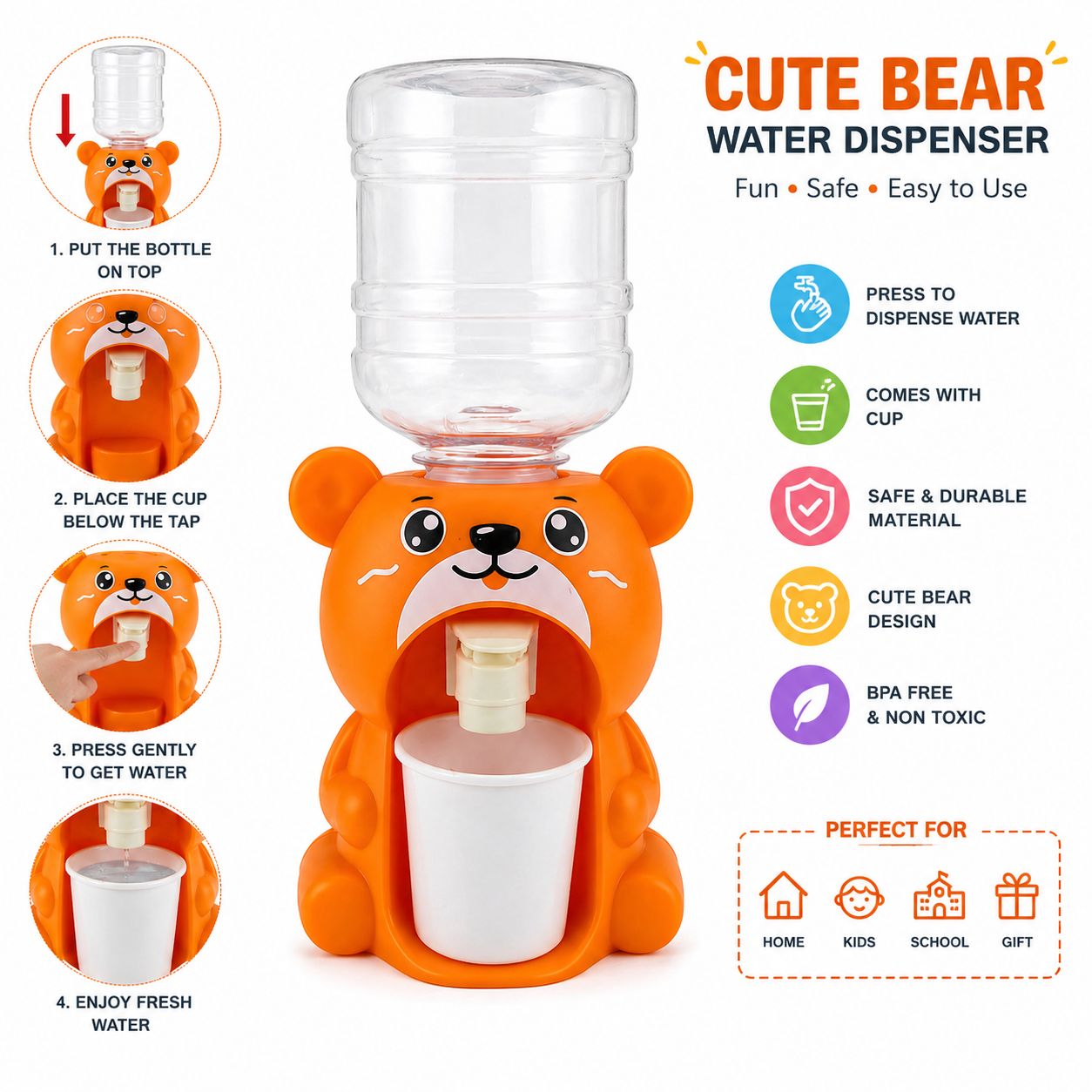 Cute Bear Mini Water Dispenser for Kids | Press Tap Drinking Toy with Cup | BPA Free Cartoon Water Dispenser | Fun Hydration Toy for Home & School